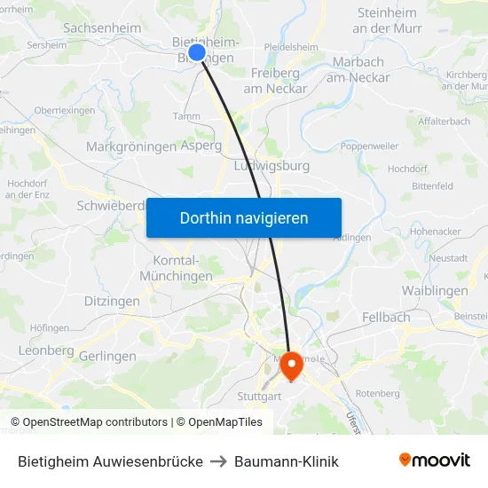 Bietigheim Auwiesenbrücke to Baumann-Klinik map