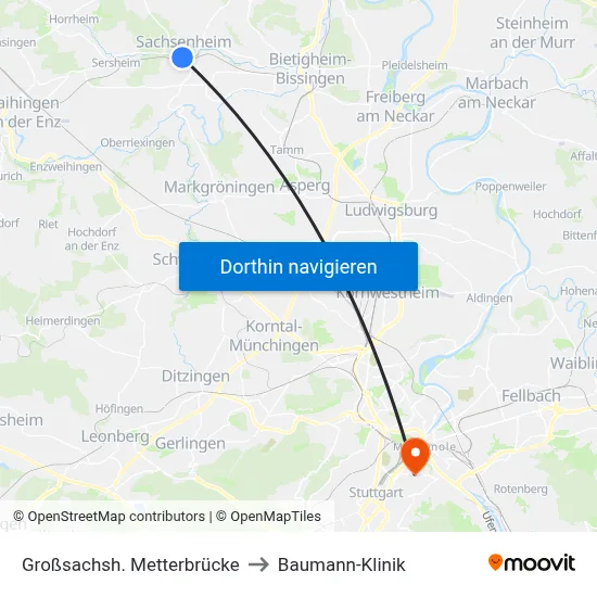 Großsachsh. Metterbrücke to Baumann-Klinik map