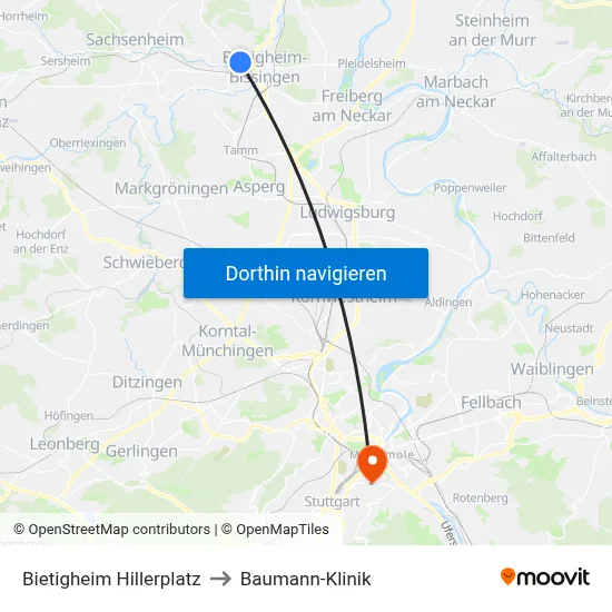 Bietigheim Hillerplatz to Baumann-Klinik map