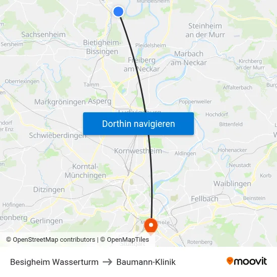 Besigheim Wasserturm to Baumann-Klinik map