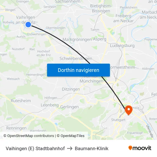 Vaihingen (E) Stadtbahnhof to Baumann-Klinik map