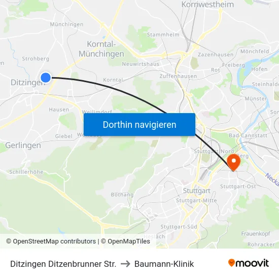 Ditzingen Ditzenbrunner Str. to Baumann-Klinik map