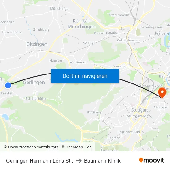 Gerlingen Hermann-Löns-Str. to Baumann-Klinik map