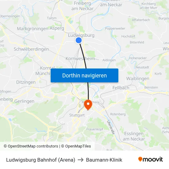 Ludwigsburg Bahnhof (Arena) to Baumann-Klinik map