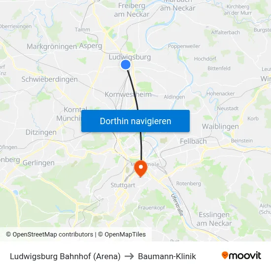 Ludwigsburg Bahnhof (Arena) to Baumann-Klinik map
