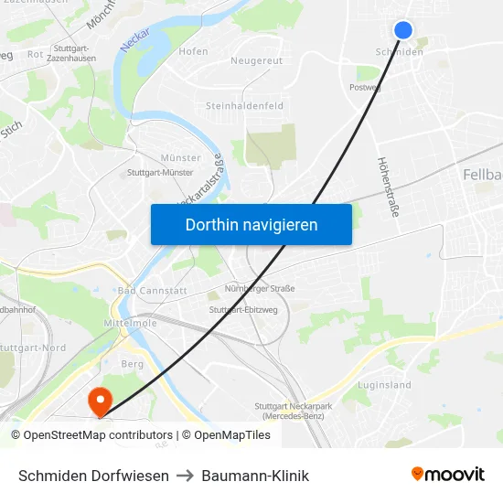 Schmiden Dorfwiesen to Baumann-Klinik map