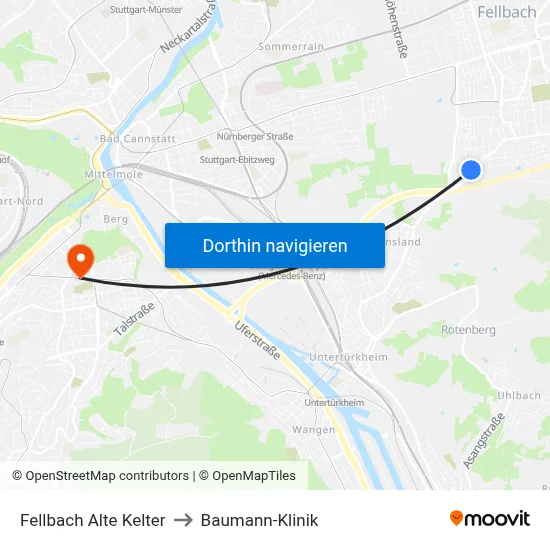 Fellbach Alte Kelter to Baumann-Klinik map