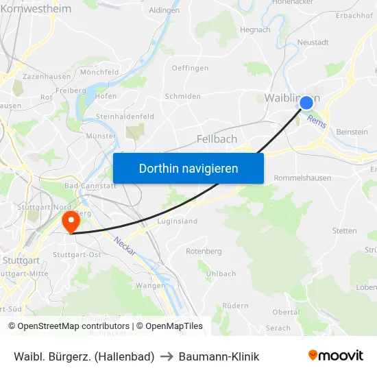 Waibl. Bürgerz. (Hallenbad) to Baumann-Klinik map
