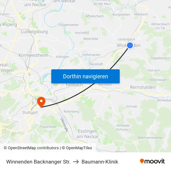Winnenden Backnanger Str. to Baumann-Klinik map
