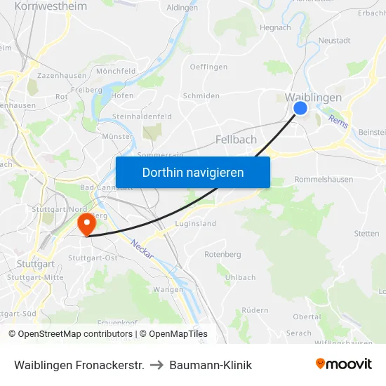 Waiblingen Fronackerstr. to Baumann-Klinik map
