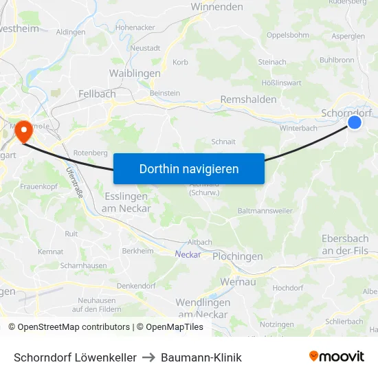 Schorndorf Löwenkeller to Baumann-Klinik map