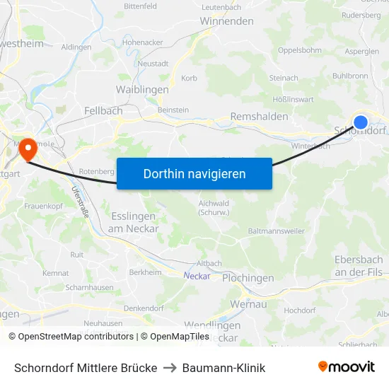 Schorndorf Mittlere Brücke to Baumann-Klinik map