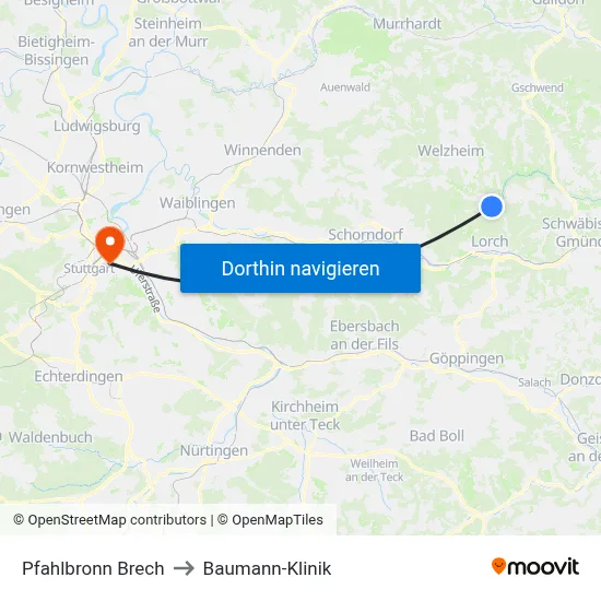 Pfahlbronn Brech to Baumann-Klinik map