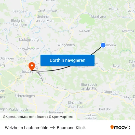 Welzheim Laufenmühle to Baumann-Klinik map