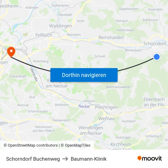 Schorndorf Buchenweg to Baumann-Klinik map