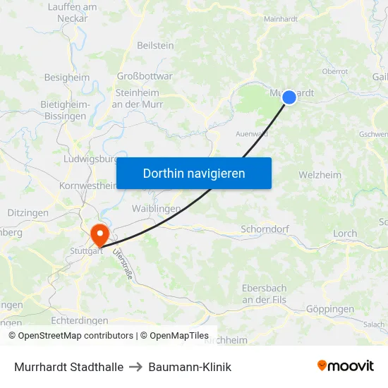 Murrhardt Stadthalle to Baumann-Klinik map