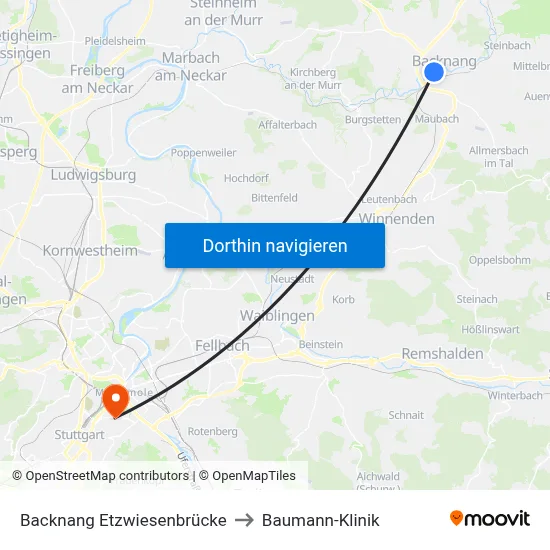 Backnang Etzwiesenbrücke to Baumann-Klinik map