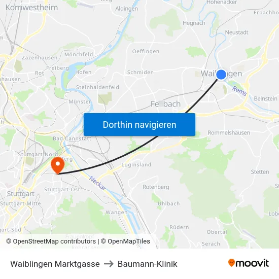 Waiblingen Marktgasse to Baumann-Klinik map