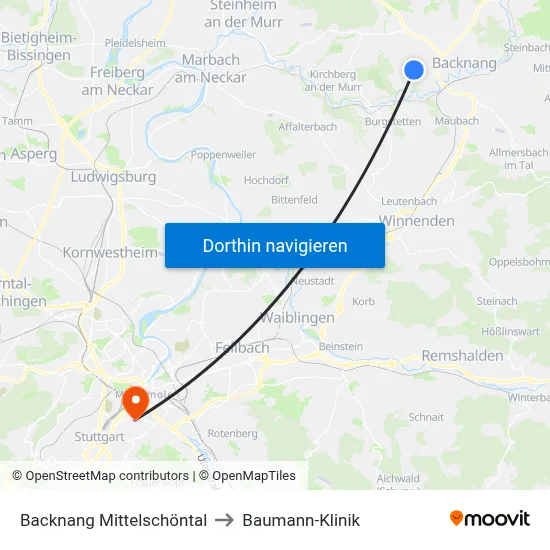 Backnang Mittelschöntal to Baumann-Klinik map