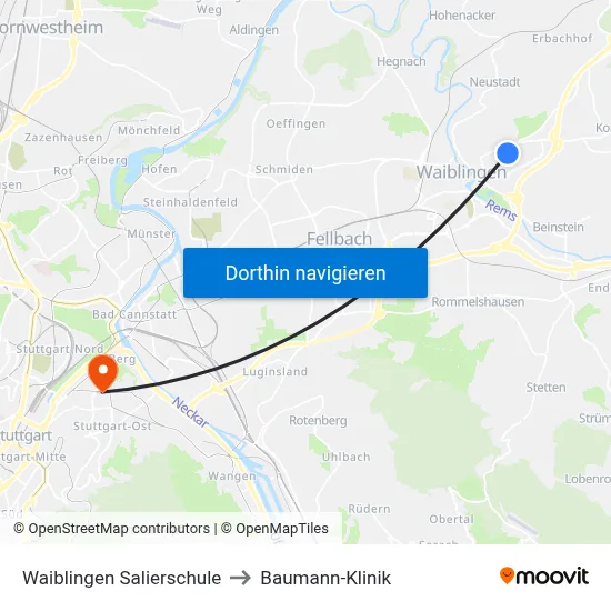 Waiblingen Salierschule to Baumann-Klinik map