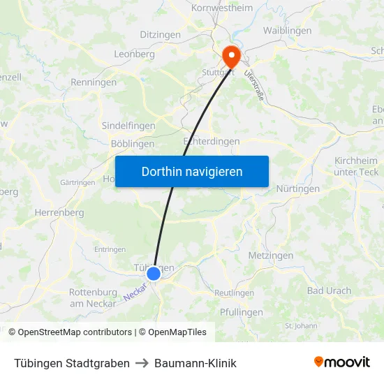 Tübingen Stadtgraben to Baumann-Klinik map