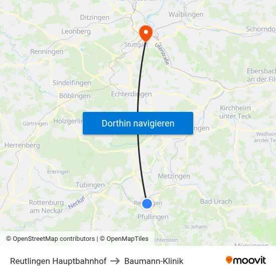 Reutlingen Hauptbahnhof to Baumann-Klinik map