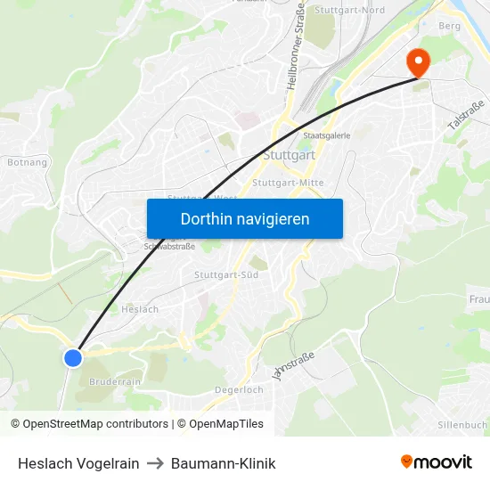 Heslach Vogelrain to Baumann-Klinik map