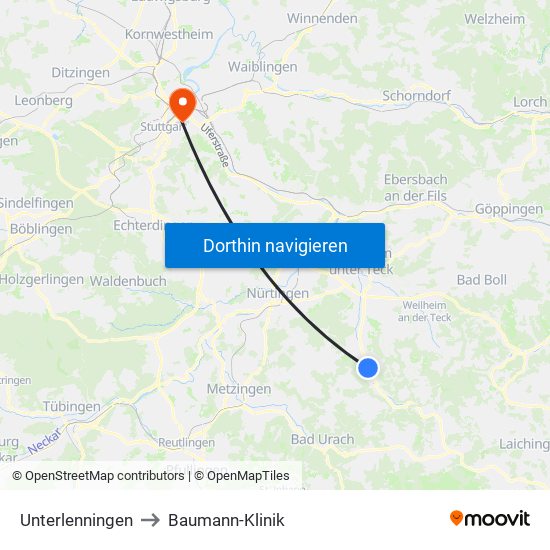 Unterlenningen to Baumann-Klinik map