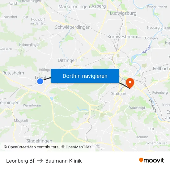 Leonberg Bf to Baumann-Klinik map