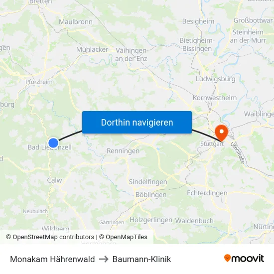 Monakam Hährenwald to Baumann-Klinik map
