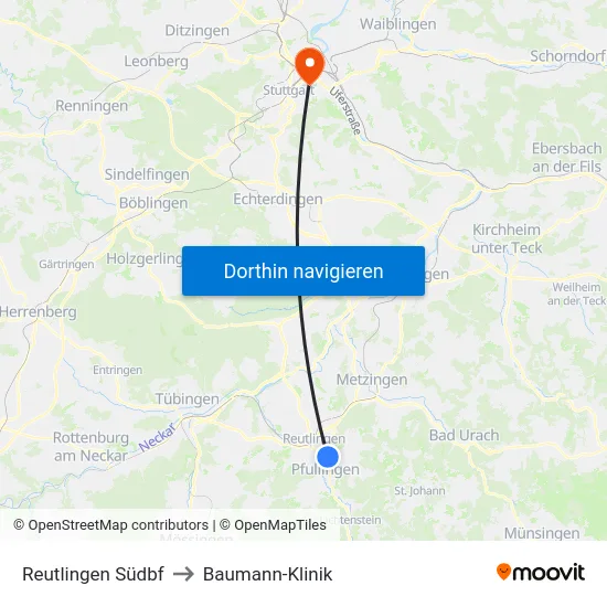 Reutlingen Südbf to Baumann-Klinik map