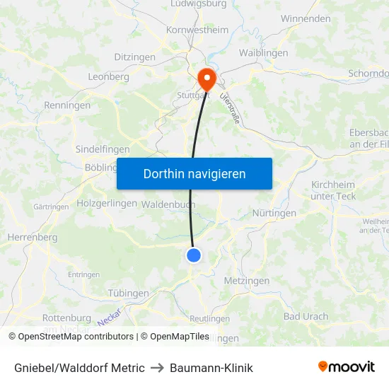 Gniebel/Walddorf Metric to Baumann-Klinik map