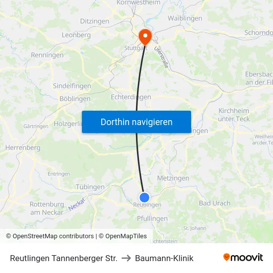 Reutlingen Tannenberger Str. to Baumann-Klinik map