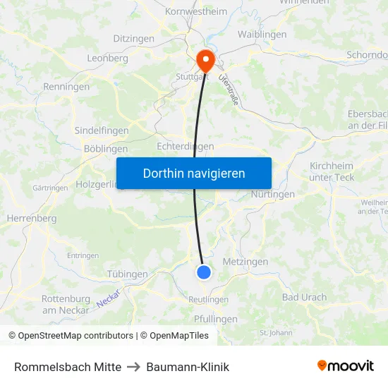 Rommelsbach Mitte to Baumann-Klinik map