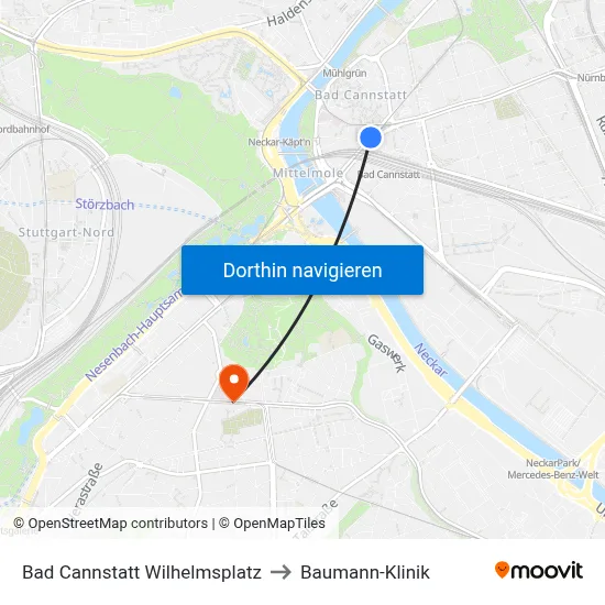 Bad Cannstatt Wilhelmsplatz to Baumann-Klinik map