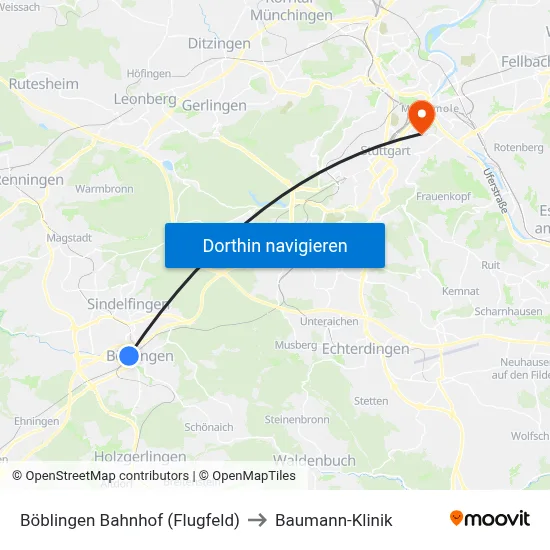 Böblingen Bahnhof (Flugfeld) to Baumann-Klinik map