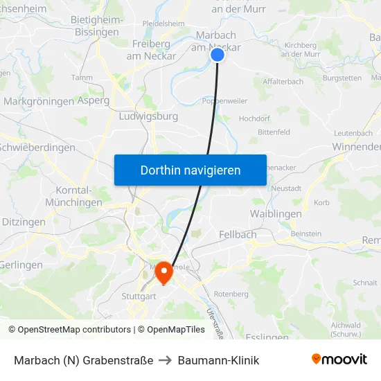 Marbach (N) Grabenstraße to Baumann-Klinik map