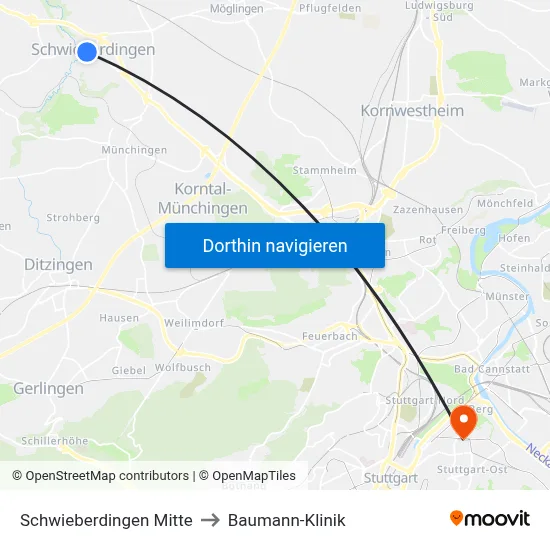 Schwieberdingen Mitte to Baumann-Klinik map
