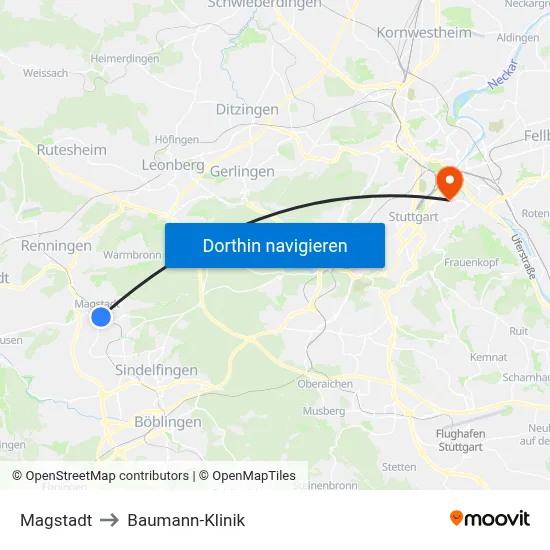 Magstadt to Baumann-Klinik map