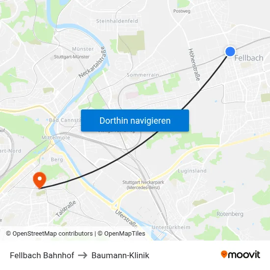 Fellbach Bahnhof to Baumann-Klinik map