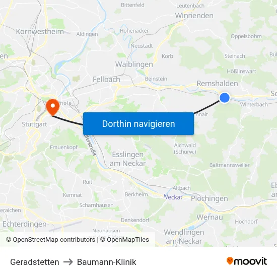 Geradstetten to Baumann-Klinik map