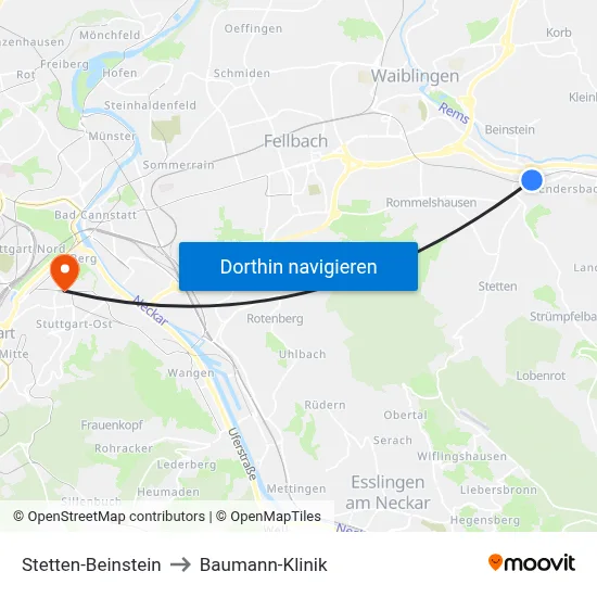 Stetten-Beinstein to Baumann-Klinik map