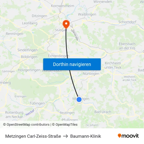 Metzingen Carl-Zeiss-Straße to Baumann-Klinik map