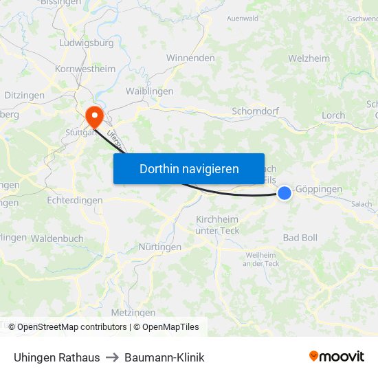 Uhingen Rathaus to Baumann-Klinik map