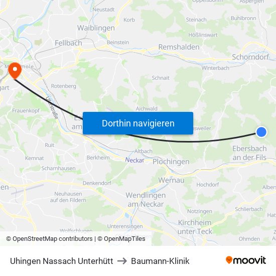 Uhingen Nassach Unterhütt to Baumann-Klinik map