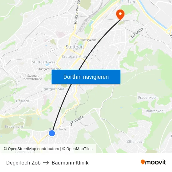 Degerloch Zob to Baumann-Klinik map