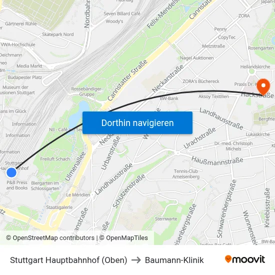 Stuttgart Hauptbahnhof (Oben) to Baumann-Klinik map