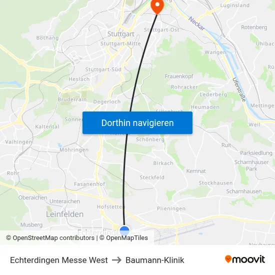 Echterdingen Messe West to Baumann-Klinik map