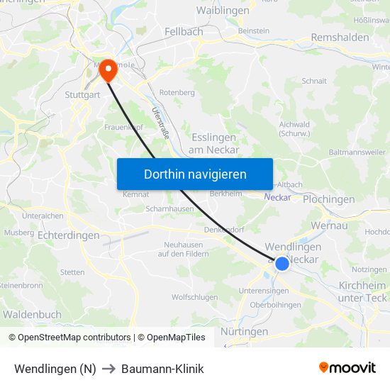 Wendlingen (N) to Baumann-Klinik map