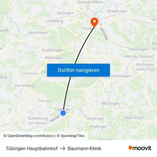 Tübingen Hauptbahnhof to Baumann-Klinik map
